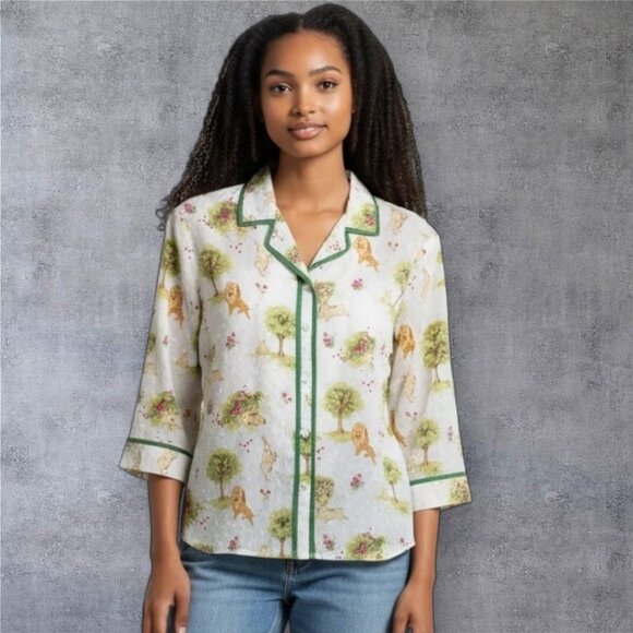 ANTHROPOLOGIE ODILLE LION AND BUNNY PRIN SWISS DOT SHIRT - Picture 1 of 6